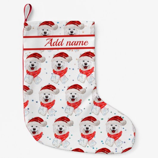 サモアイ犬がクリスマススターを育てる スモールクリスマスストッキング (正面)