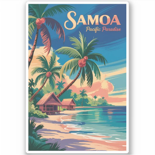 サモアビーチ サモア 挿絵 旅行 アート ビンテージ シール (正面)