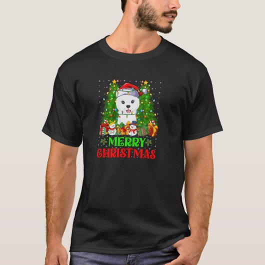 サモイエドッグクリスマスツリーライツホリデーサンタサ Tシャツ (正面)