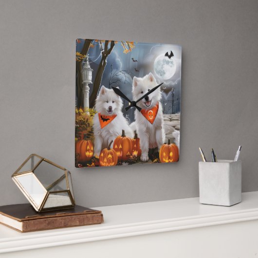 サモイエド不気味ハロウィン スクエア壁時計 (オフィス)