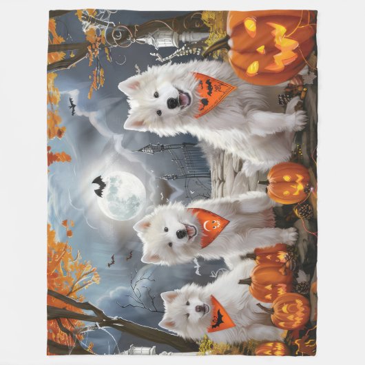 サモイエド不気味ハロウィン フリースブランケット (正面)