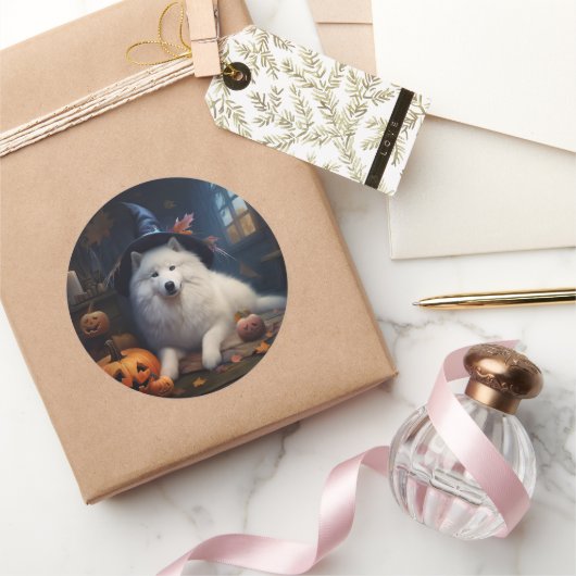 サモイドカボチャのハロウィーン怖い ラウンドシール (ギフト)