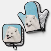 サモイ絵を描ズ白かわいいオリジナルペットドッグアート 鍋つかみ&鍋敷きセット (正面/裏面)