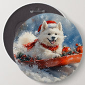 サモエドがそりに乗って雪を降らせよう クリスマス 缶バッジ (正面&裏面)