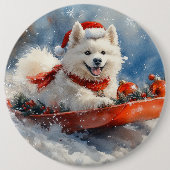 サモエドがそりに乗って雪を降らせよう クリスマス 缶バッジ (正面)
