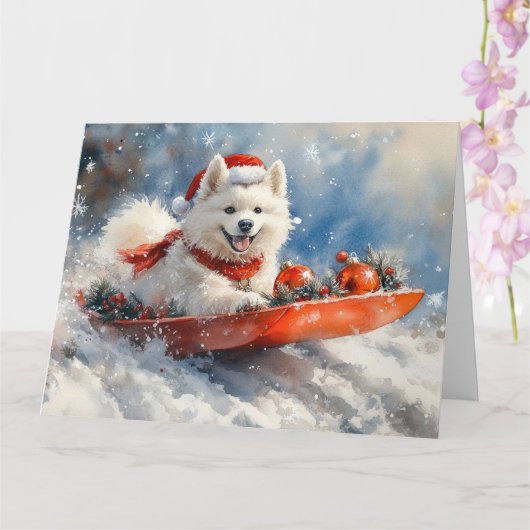 サモエドが乗ったソリに雪を降らせて クリスマス カード (蘭)