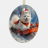 サモエドが乗ったソリに雪を降らせて クリスマス セラミックオーナメント (右)