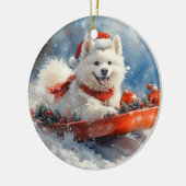 サモエドが乗ったソリに雪を降らせて クリスマス セラミックオーナメント (左)