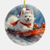 サモエドが乗ったソリに雪を降らせて クリスマス セラミックオーナメント (裏面)