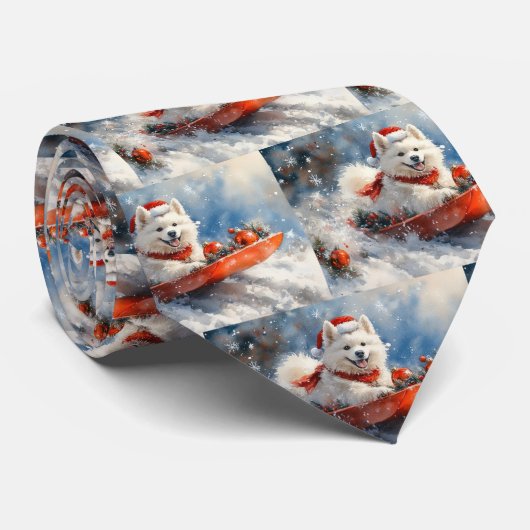 サモエドが乗ったソリに雪を降らせて クリスマス ネクタイ (ロール)