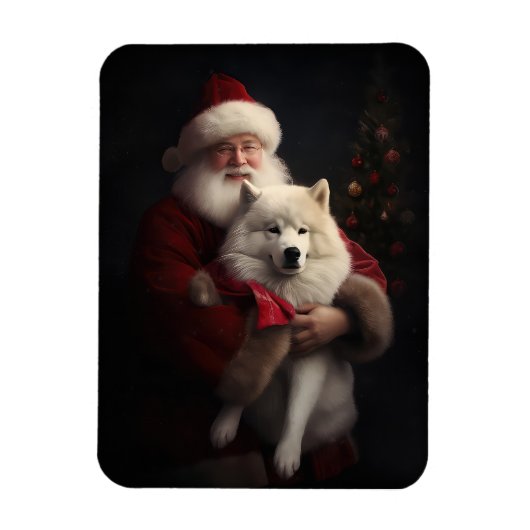 サモエドとサンタクロースのクリスマス マグネット (縦)