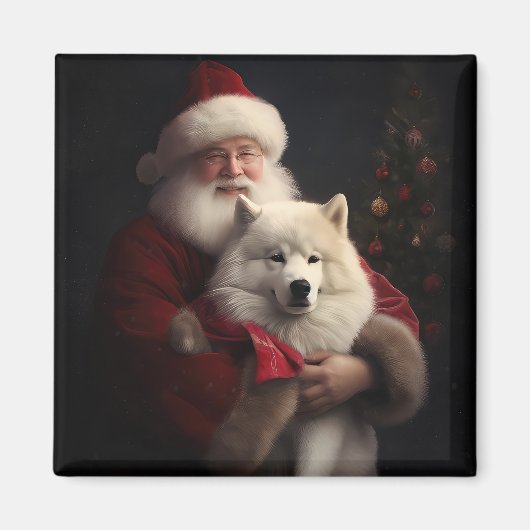 サモエドとサンタクロースのクリスマス マグネット (正面)