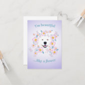 サモエドとピンクの花 フラット グリーティング カード (正面/裏面インサイチュ)