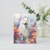 サモエドのカラフルな水彩画アート ポストカード (スタンド正面)