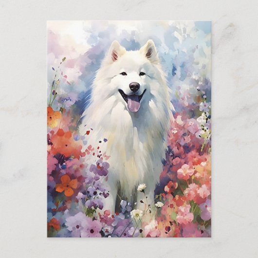 サモエドのカラフルな水彩画アート ポストカード (正面)