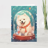 サモエドのクリスマススノーグローブ 輝くイルミネーション カード (正面)