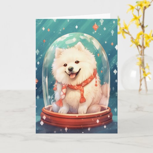 サモエドのクリスマススノーグローブ 輝くイルミネーション カード (黄色い花)
