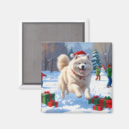 サモエドのクリスマス帽子と雪上ラン マグネット (正面/裏面)