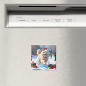 サモエドのクリスマス帽子と雪上ラン マグネット (インサイチュ (食洗機))