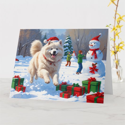 サモエドのクリスマス帽子と雪遊び カード (黄色い花)