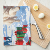 サモエドのクリスマス帽子と雪遊び キッチンタオル (四つ折り)