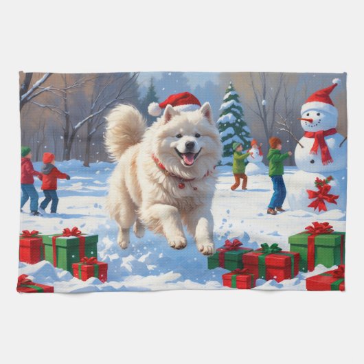 サモエドのクリスマス帽子と雪遊び キッチンタオル (横)