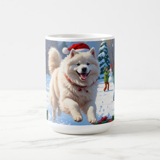 サモエドのクリスマス帽子と雪遊び コーヒーマグカップ (中央)