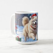 サモエドのクリスマス帽子と雪遊び コーヒーマグカップ (正面左)