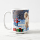 サモエドのクリスマス帽子と雪遊び コーヒーマグカップ (左)
