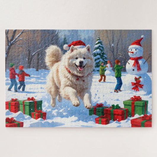 サモエドのクリスマス帽子と雪遊び ジグソーパズル (横)