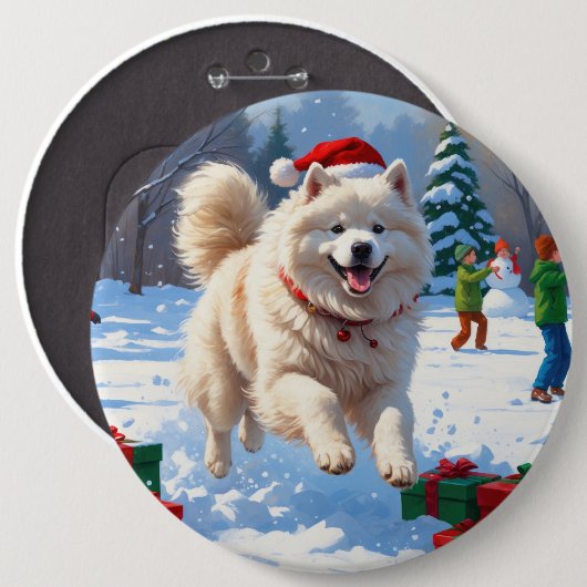 サモエドのクリスマス帽子と雪遊び 缶バッジ (正面&裏面)