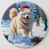 サモエドのクリスマス帽子と雪遊び 缶バッジ (正面)