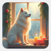 サモエドのミスルトー・クリスマス・ペインティング スクエアシール (正面)