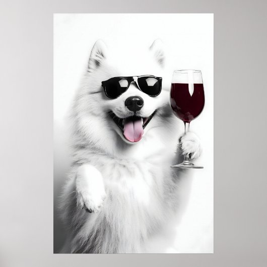 サモエドのワイン飲みアートプリント(デジタル ポスター (正面)