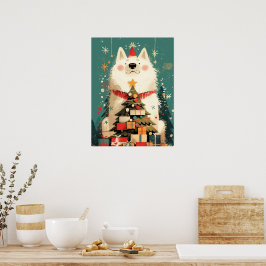 サモエドの可愛い犬とクリスマスのお祝い ポスター