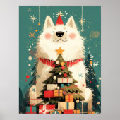 サモエドの可愛い犬とクリスマスのお祝い ポスター (正面)