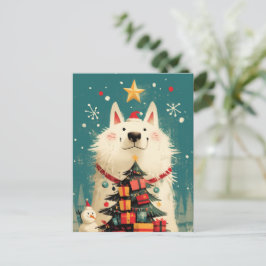 サモエドの可愛い犬とクリスマス シーズンポストカード