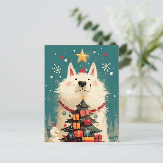 サモエドの可愛い犬とクリスマス シーズンポストカード (スタンド正面)