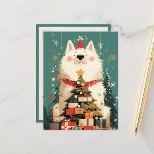 サモエドの可愛い犬とクリスマス ポストカード (正面/裏面インサイチュ)