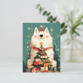 サモエドの可愛い犬とクリスマス ポストカード (スタンド正面)