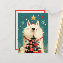 サモエドの可愛い犬とクリスマス ポストカード