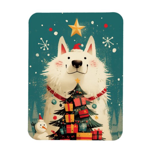 サモエドの可愛い犬とクリスマス マグネット (縦)