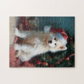 サモエドの子犬のクリスマス絵画 ジグソーパズル (横)