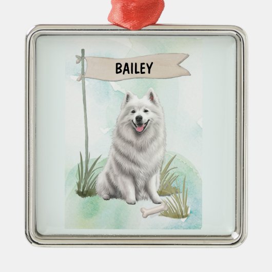 サモエドの水彩画 オーダーメイドの犬 メタルオーナメント (正面)