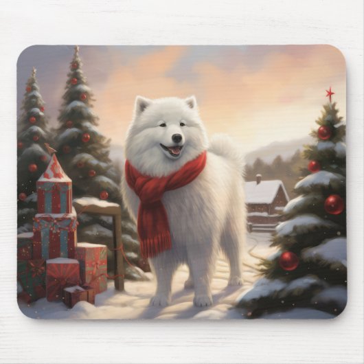 サモエドの犬と雪のクリスマス マウスパッド (正面)