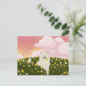 サモエドの犬と黄色い花畑 (ピンク) ポストカード (スタンド正面)