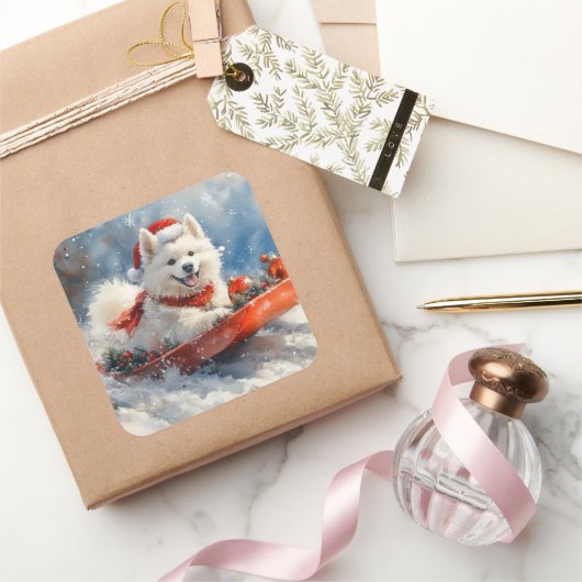サモエドの犬ソリ 雪を降らせて クリスマス スクエアシール (ギフト)