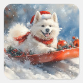 サモエドの犬ソリ 雪を降らせて クリスマス スクエアシール (正面)