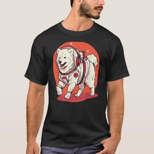 サモエド火星おもしろい犬宇宙飛行士 Tシャツ (正面)