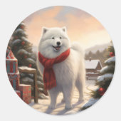 サモエド犬と雪のクリスマス ラウンドシール (正面)